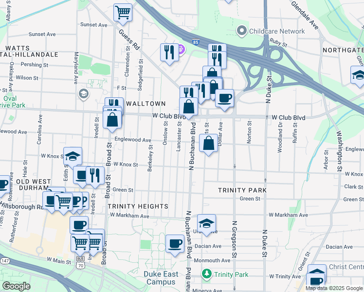 map of restaurants, bars, coffee shops, grocery stores, and more near 1023 Lancaster Street in Durham