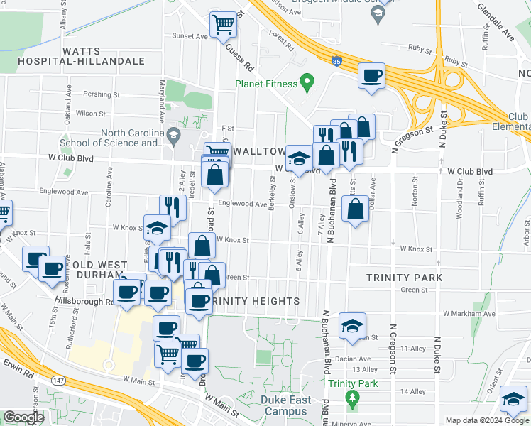 map of restaurants, bars, coffee shops, grocery stores, and more near 1024 Sedgefield Street in Durham