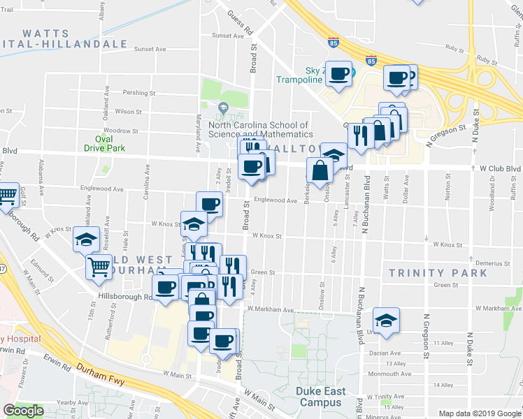 map of restaurants, bars, coffee shops, grocery stores, and more near 1018 Clarendon Street in Durham