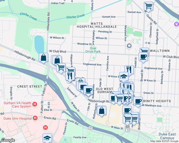 map of restaurants, bars, coffee shops, grocery stores, and more near 1030 Oakland Avenue in Durham