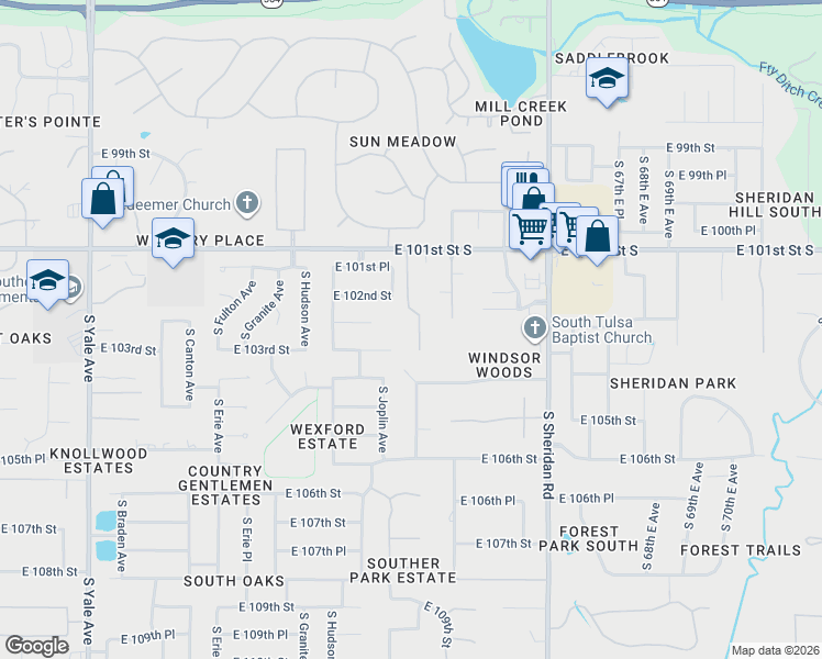 map of restaurants, bars, coffee shops, grocery stores, and more near 10210 South Kingston Avenue in Tulsa