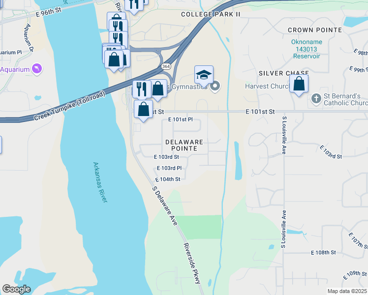 map of restaurants, bars, coffee shops, grocery stores, and more near 10206 South College Avenue in Tulsa