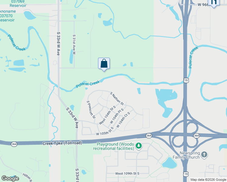 map of restaurants, bars, coffee shops, grocery stores, and more near 10365 South Nathan Street in Jenks