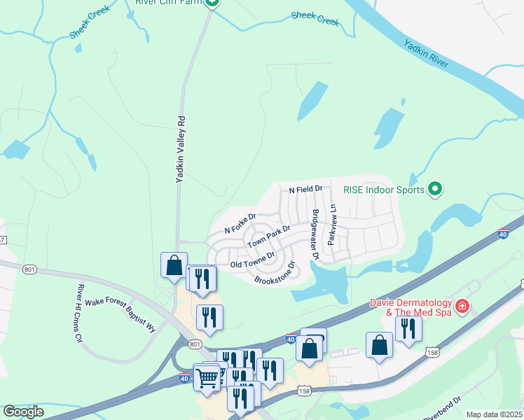 map of restaurants, bars, coffee shops, grocery stores, and more near 213 North Forke Drive in Advance