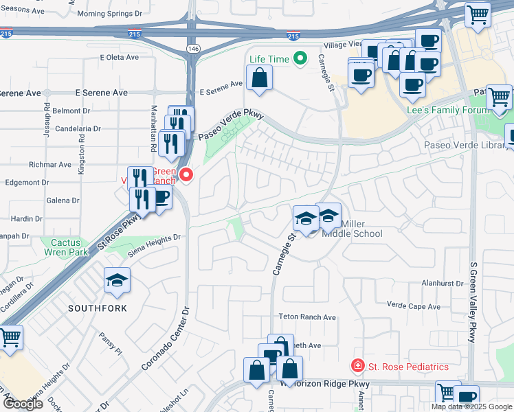 map of restaurants, bars, coffee shops, grocery stores, and more near 2535 New Salem Avenue in Henderson