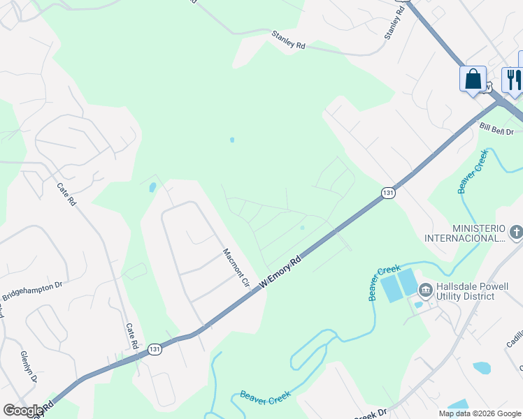 map of restaurants, bars, coffee shops, grocery stores, and more near 4714 West Emory Road in Powell