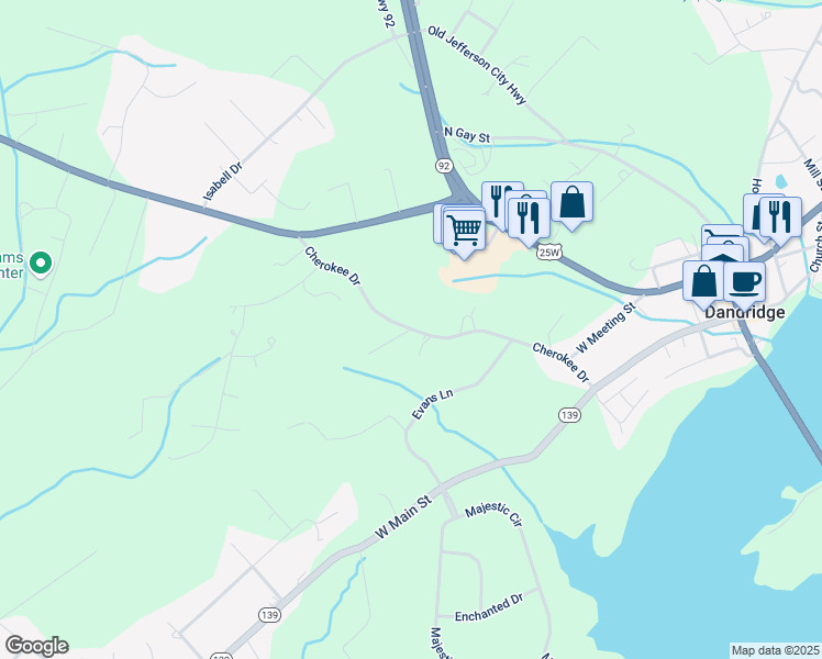 map of restaurants, bars, coffee shops, grocery stores, and more near 737 Cherokee Drive in Dandridge