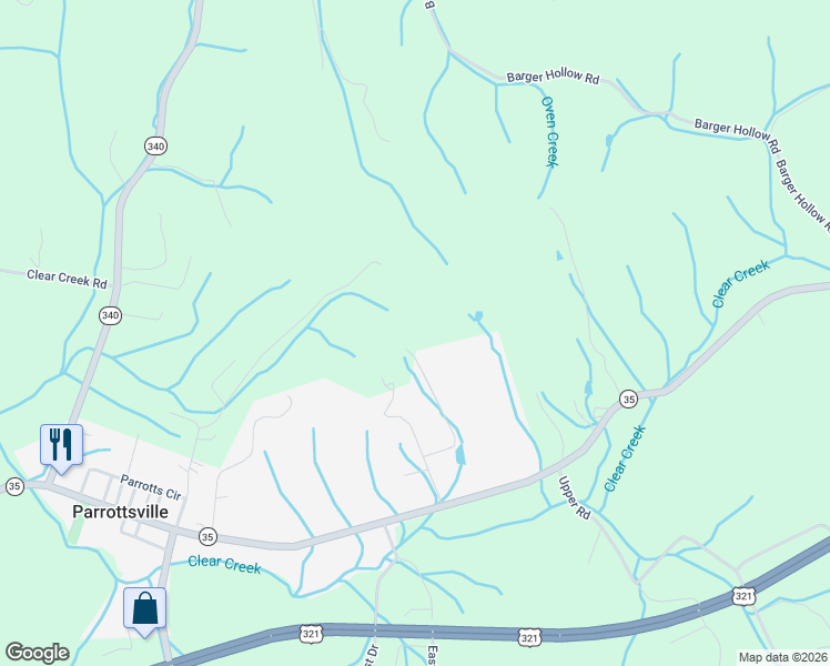 map of restaurants, bars, coffee shops, grocery stores, and more near 265 Midnight Way in Parrottsville
