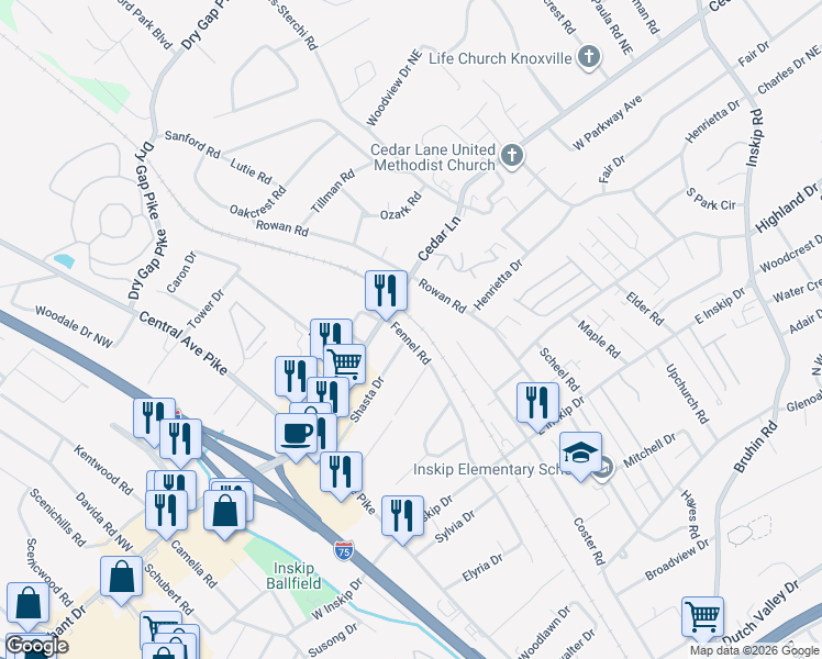 map of restaurants, bars, coffee shops, grocery stores, and more near 5130 Fennel Road in Knoxville