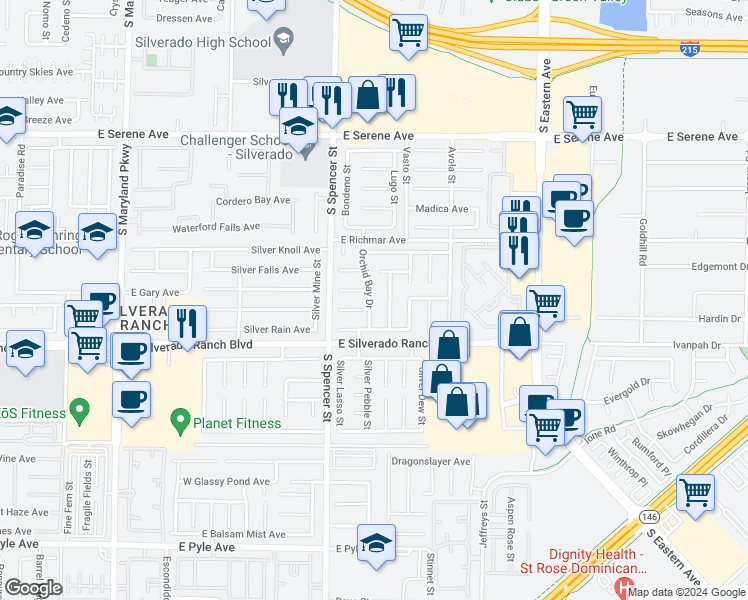 map of restaurants, bars, coffee shops, grocery stores, and more near 9620 Orchid Bay Drive in Las Vegas