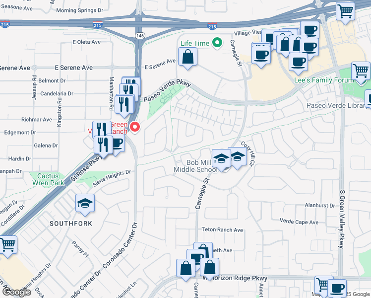 map of restaurants, bars, coffee shops, grocery stores, and more near 2535 New Salem Avenue in Henderson