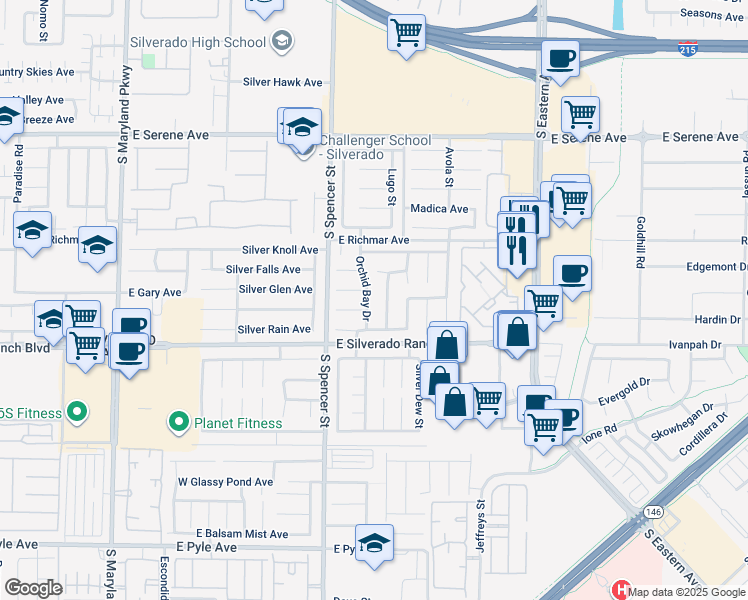 map of restaurants, bars, coffee shops, grocery stores, and more near 9620 Orchid Bay Drive in Las Vegas