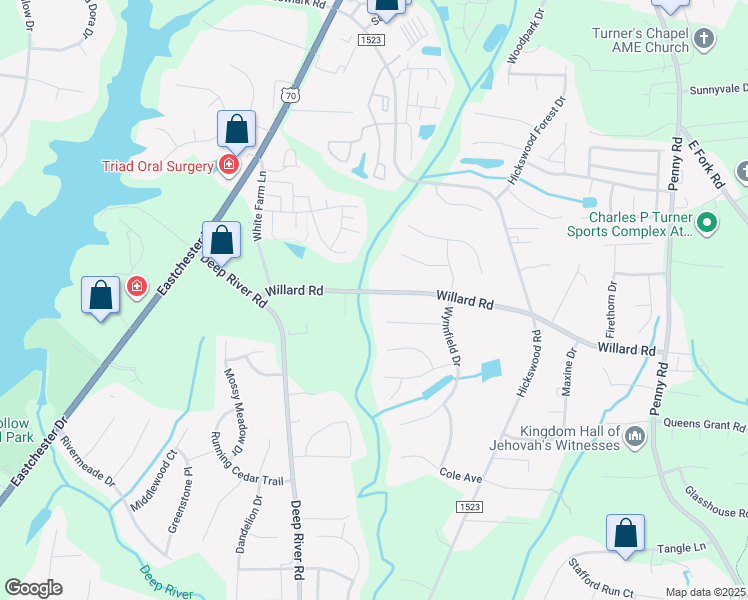 map of restaurants, bars, coffee shops, grocery stores, and more near 2444 Willard Road in High Point