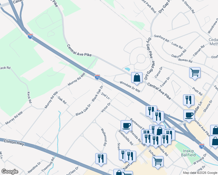 map of restaurants, bars, coffee shops, grocery stores, and more near 5816 Primus Road in Knoxville