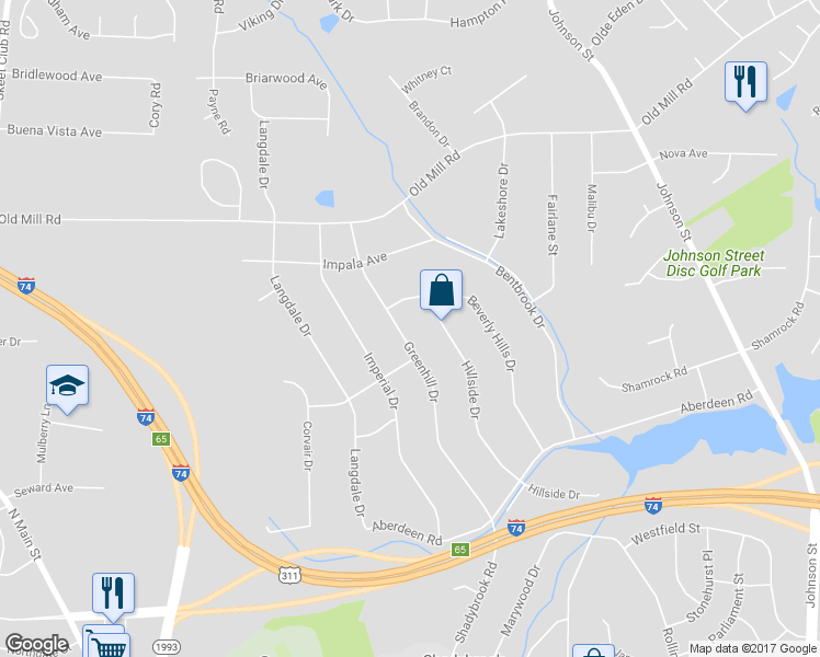 map of restaurants, bars, coffee shops, grocery stores, and more near 3506 Greenhill Drive in High Point