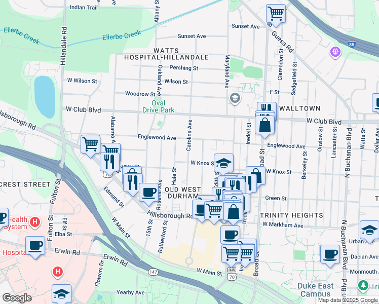 map of restaurants, bars, coffee shops, grocery stores, and more near 1018 Carolina Avenue in Durham