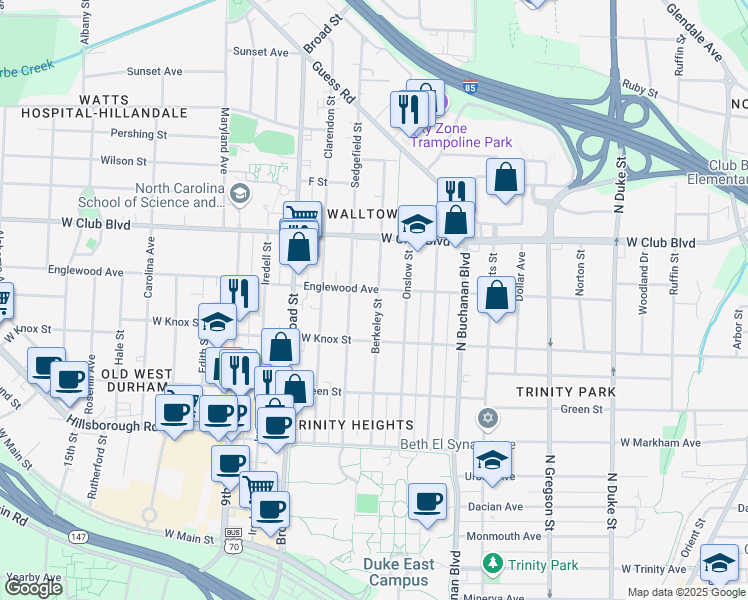 map of restaurants, bars, coffee shops, grocery stores, and more near 1023 Berkeley Street in Durham