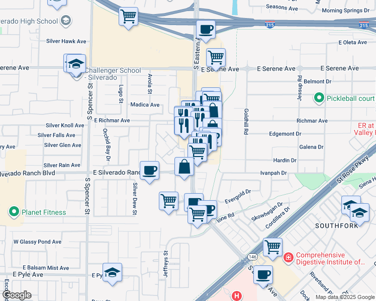map of restaurants, bars, coffee shops, grocery stores, and more near 2300 East Silverado Ranch Boulevard in Las Vegas