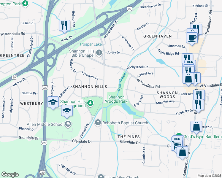 map of restaurants, bars, coffee shops, grocery stores, and more near 7 Rehobeth Court in Greensboro