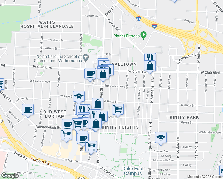 map of restaurants, bars, coffee shops, grocery stores, and more near 1018 Clarendon Street in Durham