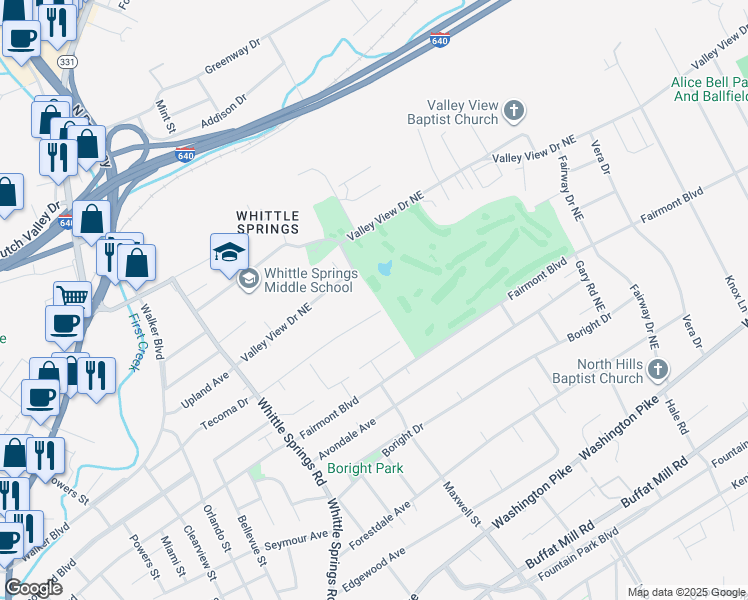 map of restaurants, bars, coffee shops, grocery stores, and more near 2943 Tecoma Drive in Knoxville
