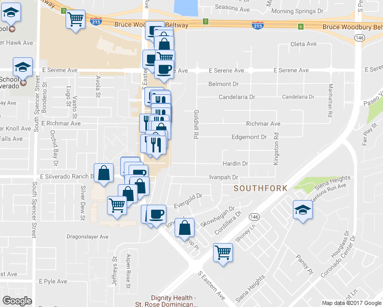 map of restaurants, bars, coffee shops, grocery stores, and more near 551 Goldhill Road in Henderson