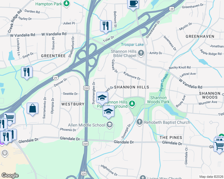 map of restaurants, bars, coffee shops, grocery stores, and more near 2303 Killarney Dr in Greensboro