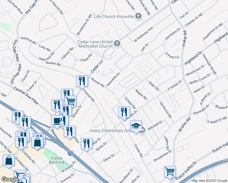 map of restaurants, bars, coffee shops, grocery stores, and more near 4914 Rowan Road in Knoxville