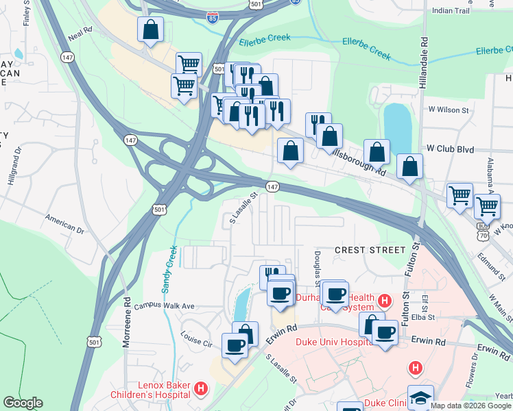 map of restaurants, bars, coffee shops, grocery stores, and more near 311 South Lasalle Street in Durham
