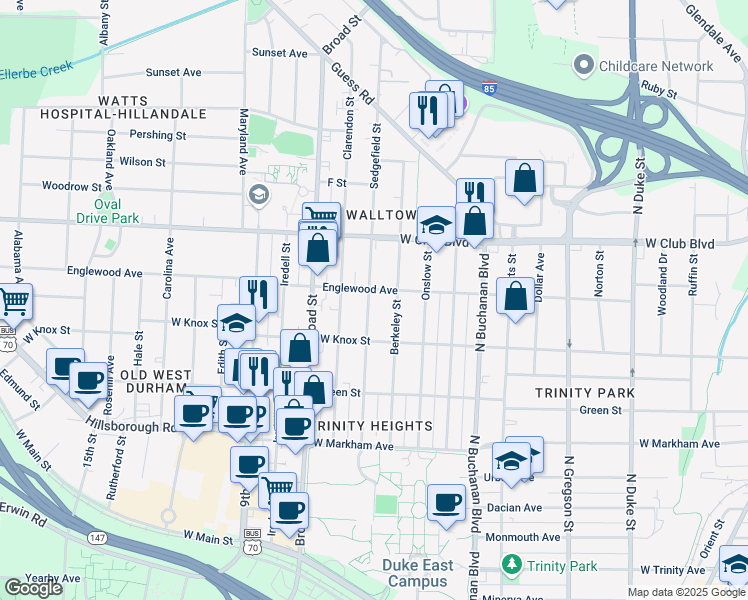 map of restaurants, bars, coffee shops, grocery stores, and more near 1020 Sedgefield Street in Durham
