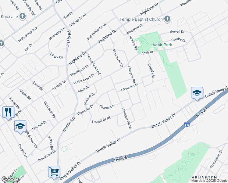 map of restaurants, bars, coffee shops, grocery stores, and more near 1308 Glenoaks Drive in Knoxville