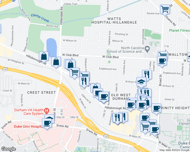 map of restaurants, bars, coffee shops, grocery stores, and more near 2631 Lawndale Avenue in Durham