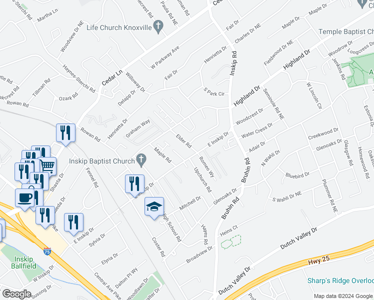 map of restaurants, bars, coffee shops, grocery stores, and more near 4807 Elder Road in Knoxville