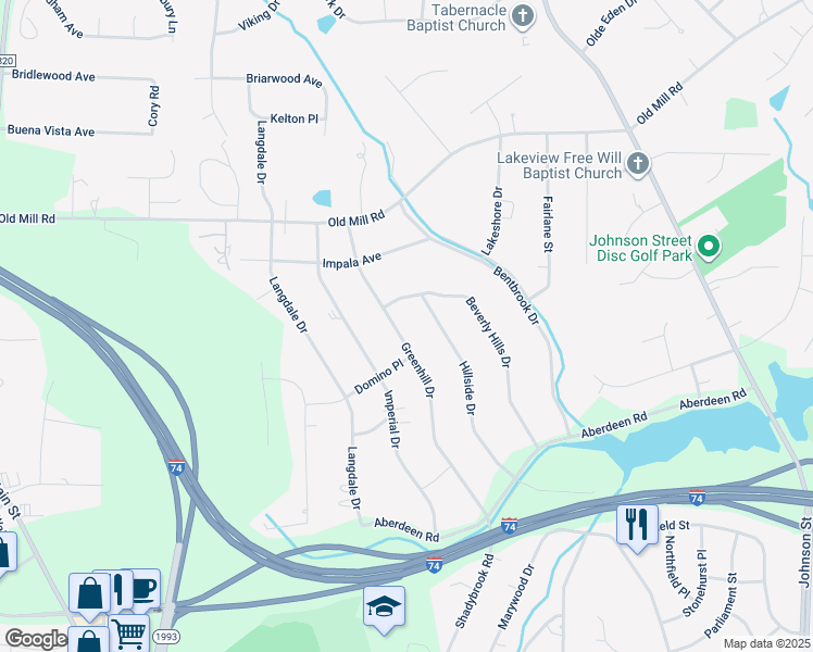 map of restaurants, bars, coffee shops, grocery stores, and more near 3506 Greenhill Drive in High Point