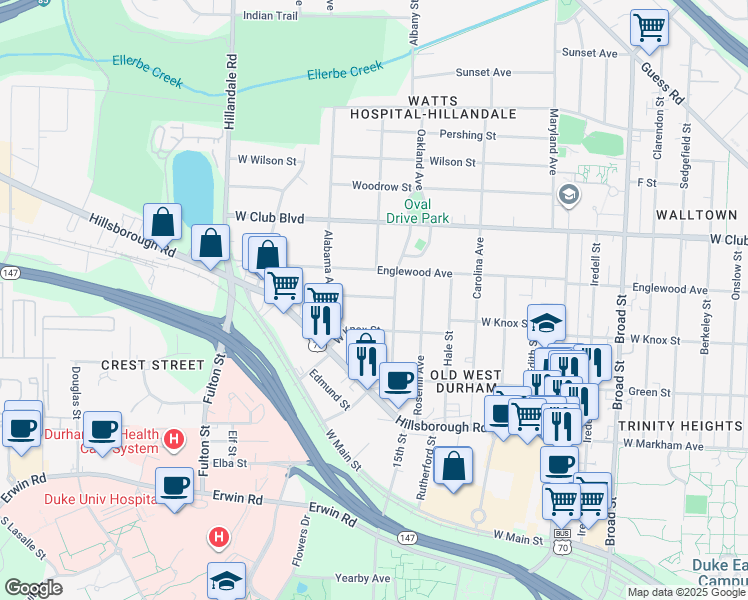 map of restaurants, bars, coffee shops, grocery stores, and more near 2619 Lawndale Avenue in Durham