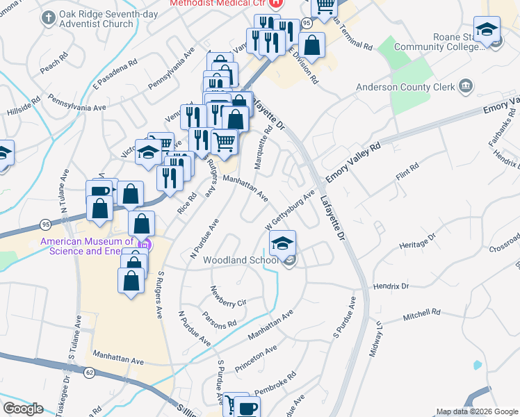 map of restaurants, bars, coffee shops, grocery stores, and more near 107 Marshall Circle in Oak Ridge
