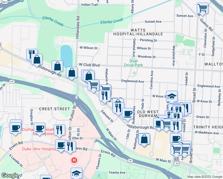 map of restaurants, bars, coffee shops, grocery stores, and more near 2649 Lawndale Avenue in Durham