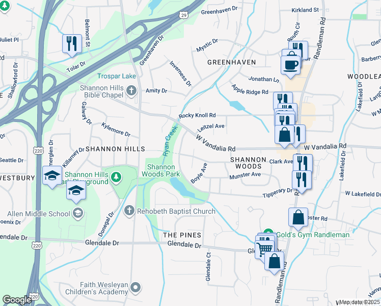 map of restaurants, bars, coffee shops, grocery stores, and more near 610 Clark Avenue in Greensboro