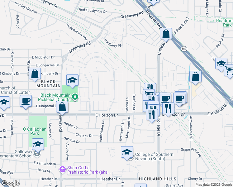 map of restaurants, bars, coffee shops, grocery stores, and more near 529-599 Mona Lane in Henderson