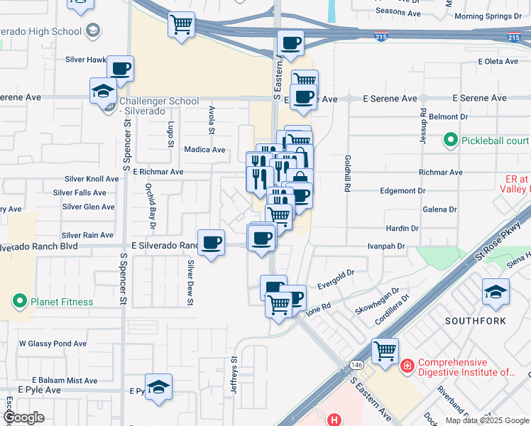 map of restaurants, bars, coffee shops, grocery stores, and more near 2300 East Silverado Ranch Boulevard in Las Vegas