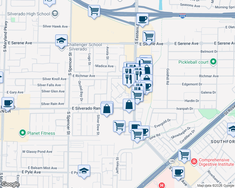 map of restaurants, bars, coffee shops, grocery stores, and more near 2300 East Silverado Ranch Boulevard in Las Vegas