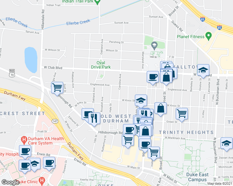 map of restaurants, bars, coffee shops, grocery stores, and more near 1018 Carolina Avenue in Durham
