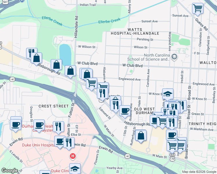 map of restaurants, bars, coffee shops, grocery stores, and more near 1016 Alabama Avenue in Durham