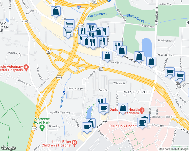 map of restaurants, bars, coffee shops, grocery stores, and more near 311 South Lasalle Street in Durham