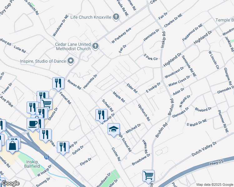 map of restaurants, bars, coffee shops, grocery stores, and more near 4815 White Poplar Way, in Knoxville