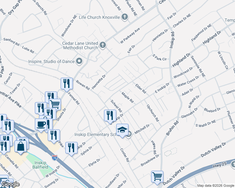 map of restaurants, bars, coffee shops, grocery stores, and more near 4815 White Poplar Way, in Knoxville