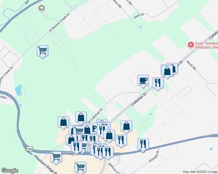 map of restaurants, bars, coffee shops, grocery stores, and more near 1911 Old Callahan Drive in Knoxville