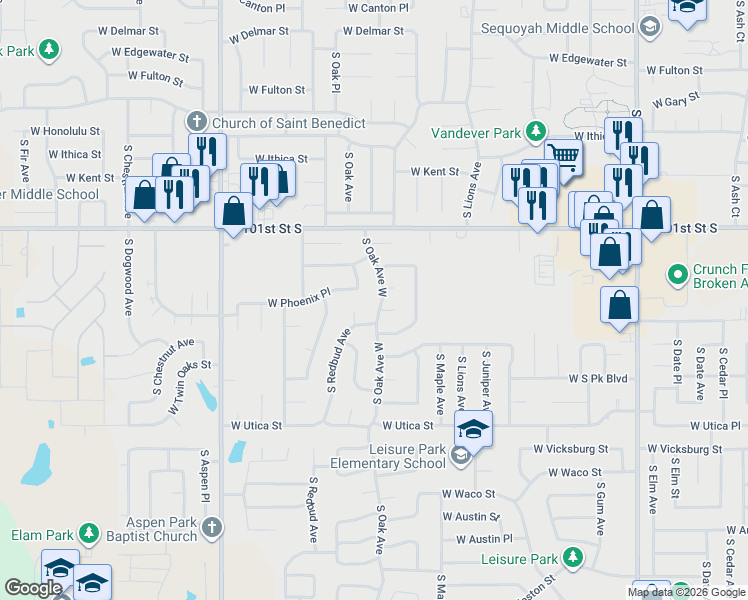 map of restaurants, bars, coffee shops, grocery stores, and more near 1309 West Phoenix Street in Broken Arrow
