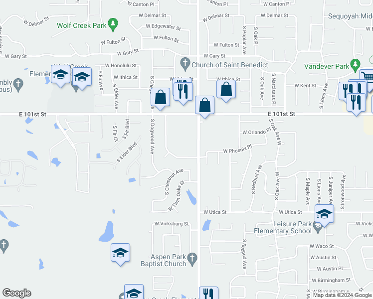 map of restaurants, bars, coffee shops, grocery stores, and more near 2328 West Quantico Street in Broken Arrow