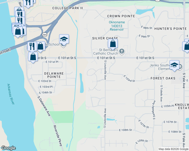 map of restaurants, bars, coffee shops, grocery stores, and more near 10209 South Knoxville Avenue in Tulsa